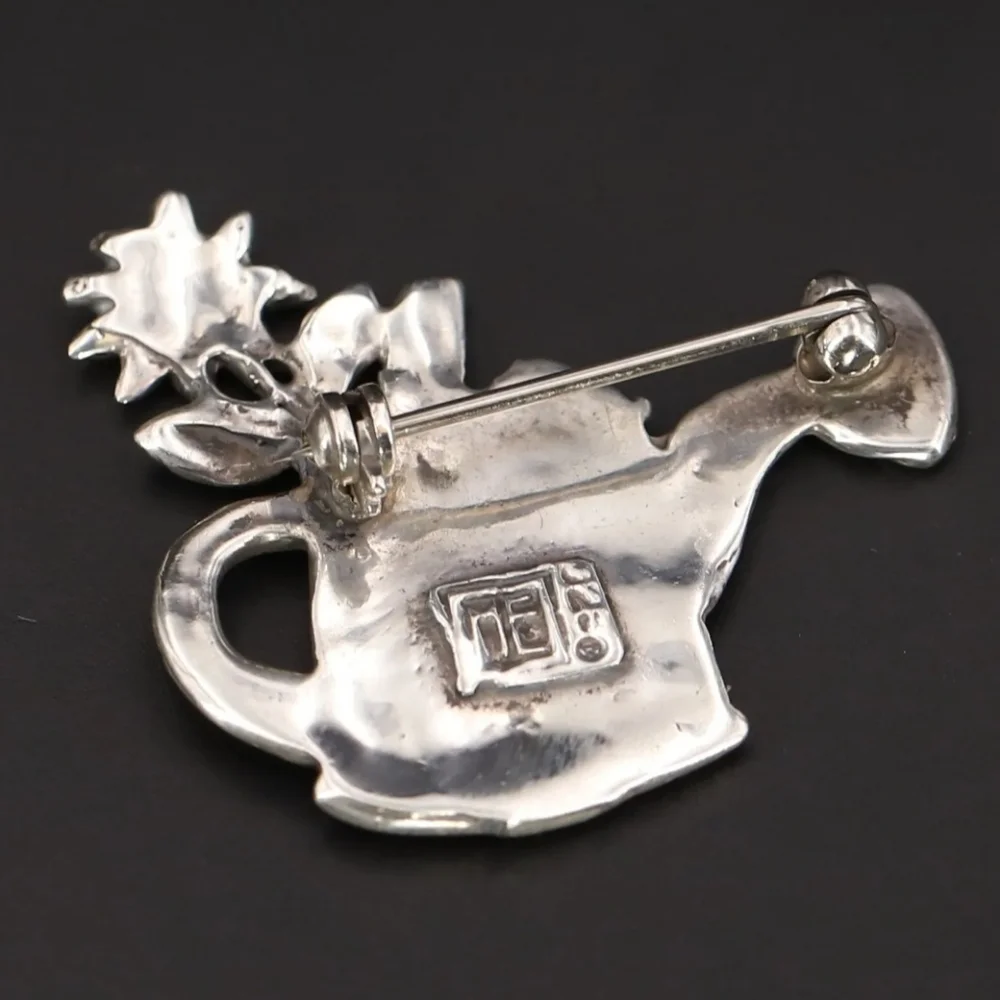 Vintage Sterling Silver MARY ENGELBREIT MEINK Watering Can Flowers Brooch Pin 7g - Picture 4 of 5